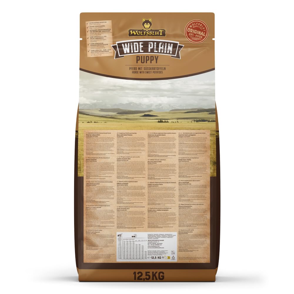 WOLFSBLUT – Wide Plain Puppy | Trockenfutter mit natürlichen Zutaten und wertvollen Superfoods für heranwachsende Hunde. Getreidefreies Alleinfutter ohne Zusatzstoffe im Beutel | 12,5kg Pferd