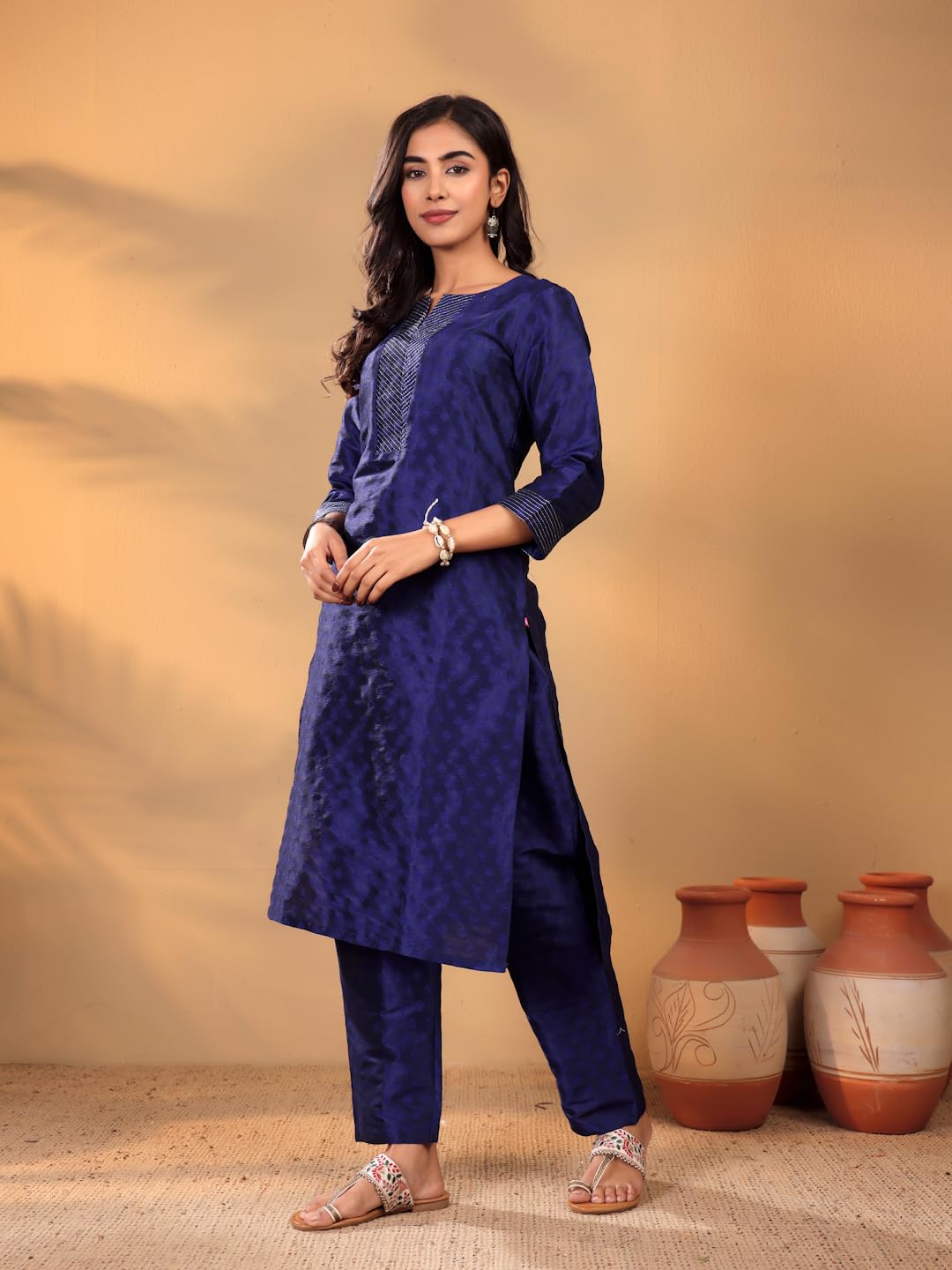 Varanga Women's Navy Blue Ethnic Kurta Set - Straight Fit Dobby Textured Kurta With Zari Couching, Calf-Length Trouser & Floral Printed Dupatta (Small)