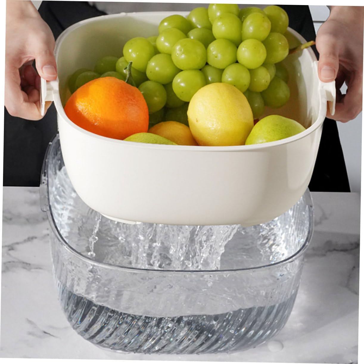 Double Layer Fruit Washing Strainer Basket, PET White Kitchen Colander image 4