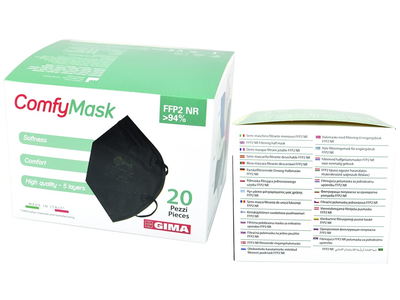 Gima CEPM Comfymask Masque Filtrant FFP2 NR, Fabriqué en Italie, 5 couches, Couleur Gris Clair, Barrette Nasale Conformable, avec élastiques, certifié EPI, 20 Masque dans des sachets de 2 pièces