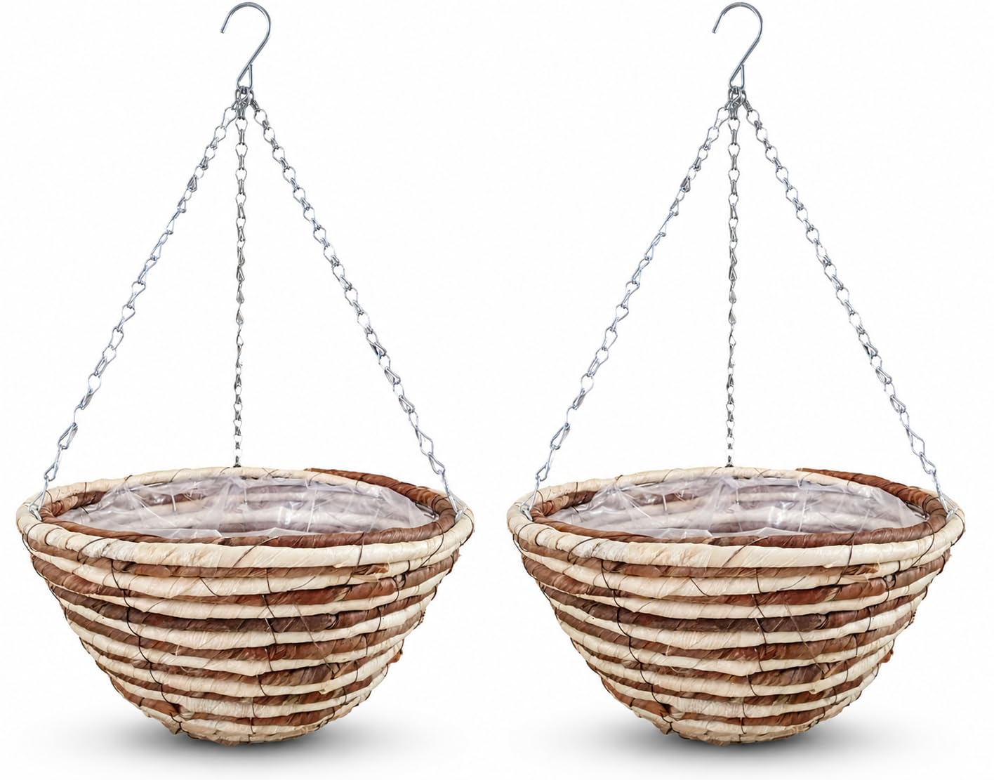 Quickdraw Supplies 2 x Rope Hanging Baskets 16” – Round Outdoor Planters with Liner & Chains – Weather Resistant Flower Pots for Garden Plants & Flowers