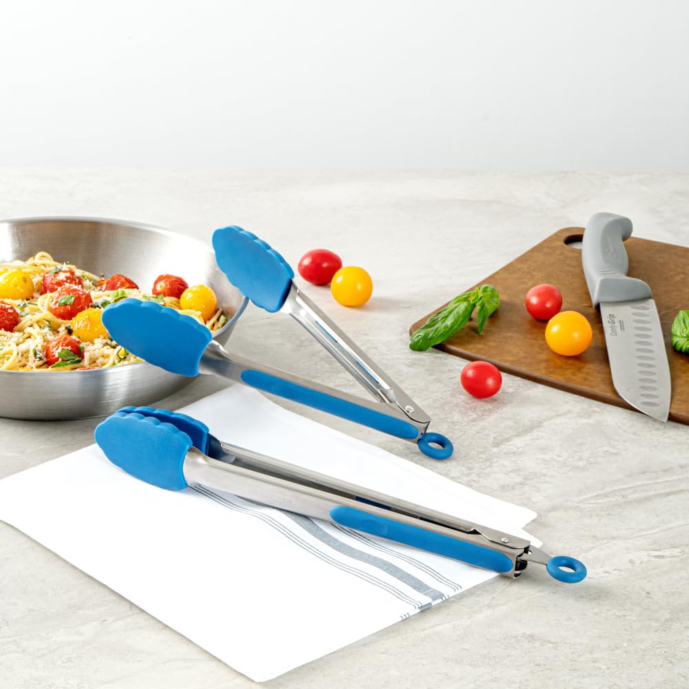 Met Lux - Juego de pinzas de cocina de 9 y 12 pulgadas, 1 juego de pinzas de alimentos lavables en lavavajillas, cabeza de silicona festoneada, mango de agarre con reposamuñecas, pinzas de acero