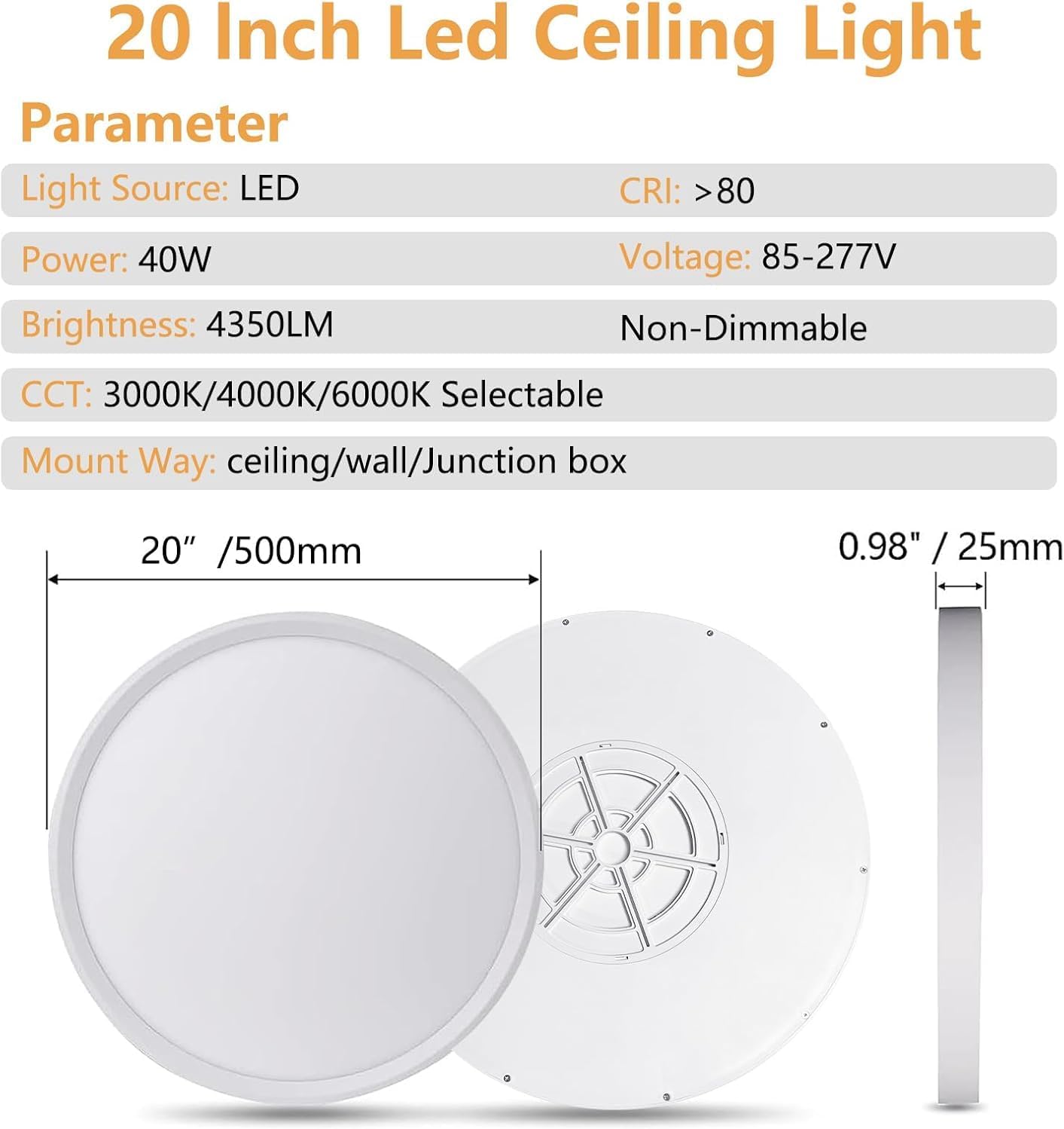 20 Inch Large LED Flush Mount Ceiling Light, 40W, 4350LM, 3000K/4000K/6000K CCT Selectable Super Slim LED Ceiling Light, Close to Ceiling Round Flat Panel Light for Living Room,Kitchen ect，2PK