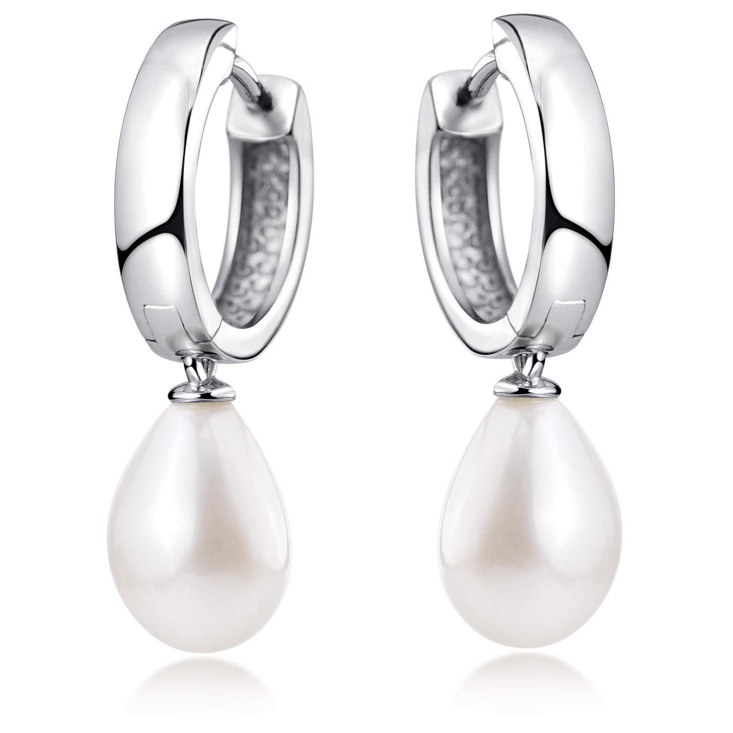 Damen Creolen mit Anhänger Perle - 925 Silber Perlenohrringe weiß SO-431 | Kleine Kreolen 15mm mit hängenden Perlen aus rhodiniertem 925 Sterling Silber für Frauen von MATERIA by Matthias Wagner