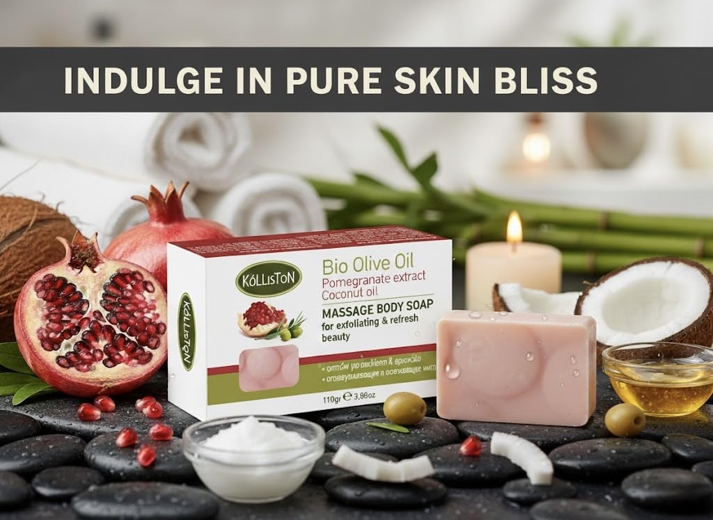 Kalliston, Pomegranate Infused Soap Bar, Massage & Exfoliating, Includes Bamboo Soap Dish, Product of Crete, Greece, 110 Each, Pack of 3