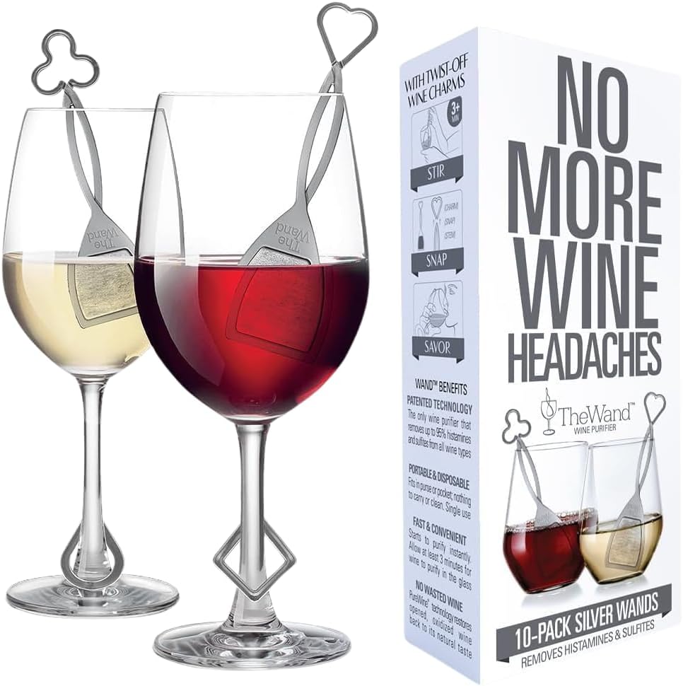 PureWine Wand Filters Histamines and Sulfites - May Reduce and Alleviate Wine Allergies & Sensitivities - Purifier Aerates Wine Restore Taste & Purity - Twist Off Wine Glass Charm Accessory