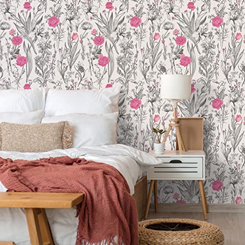 Veelike Grey Sketch Floral Peel And Stick Wallpaper Pink Floral Wallpaper 17.7''X118'' Vintage Botanical Wallpaper Prepasted Removable Floral Contact Paper For Bedroom Bathroom Walls Cabinets Shelves #TOP2