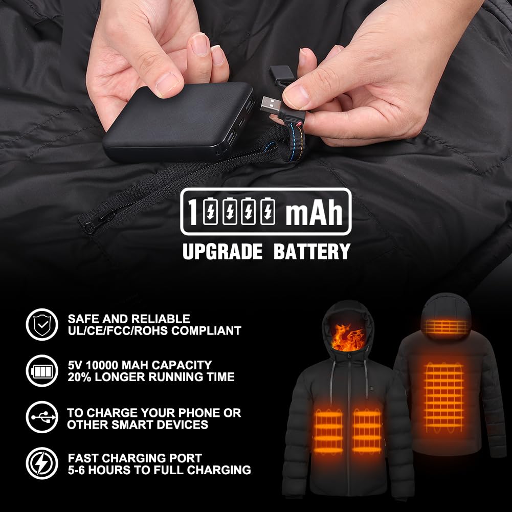 Giubbotto Riscaldato Uomo Donna con Batteria 10000mAh, Giacca Riscaldata con Cappuccio Invernale Calda con 3 Livelli di Riscaldamento, USB Cappotti Impermeabile per Moto, Pesca, Attività all'aperto