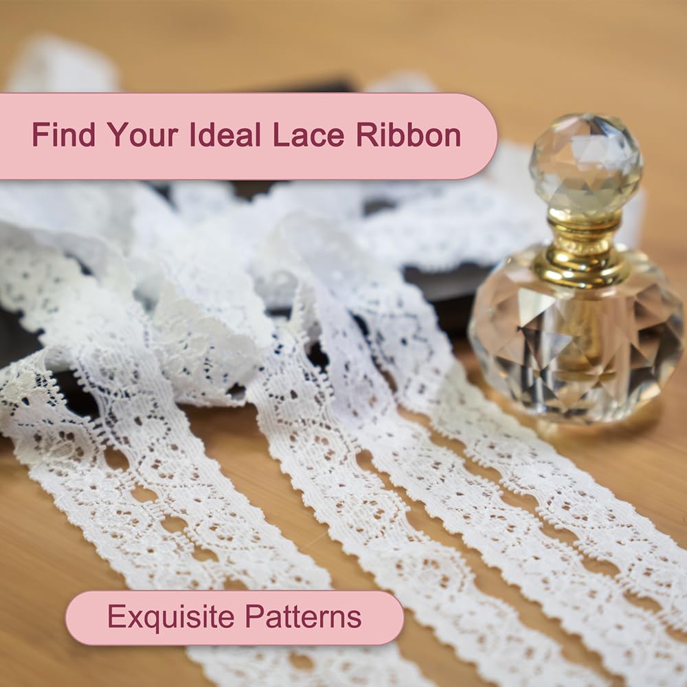 30 Yards White Lace Ribbon, 0.6 inch Narrow Elastic Lace Trim, Elegant Trim for Crafting, Gift Wrapping, Dress Embellishment, Wedding Decor, Bow Making & Sewing Crafts