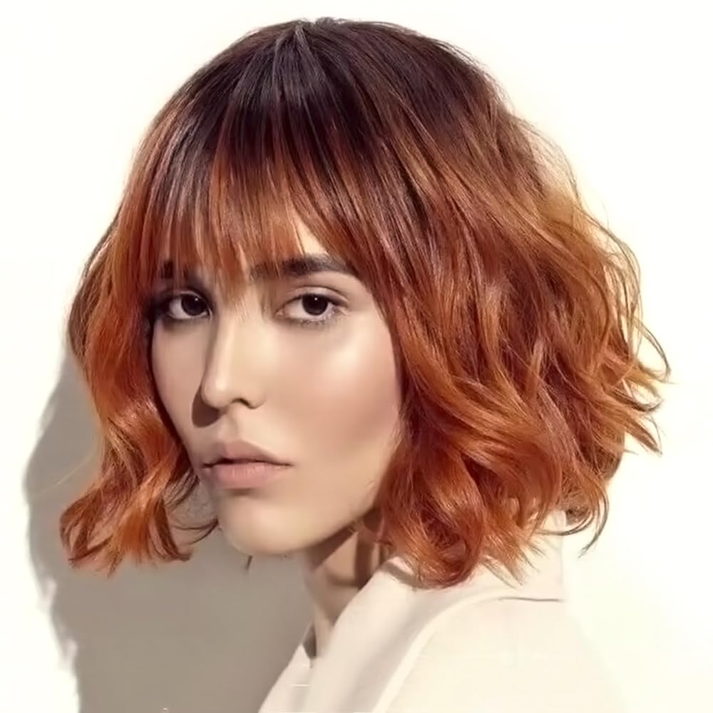 PORSMEER Short Ombre Coppre Red Wavy Bob Wig with Fringe Natural Looking Synthetic Hair Wigs for Women Ladies Party Or Daily Wear 12inch