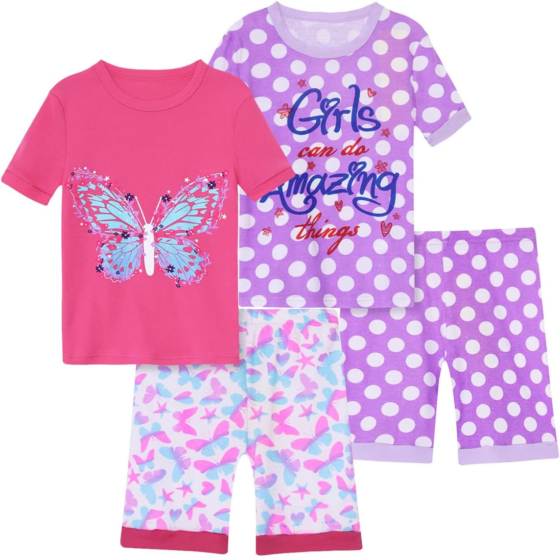 Girls Pajama Set, 4-Piece Cotton Pajamas Short Summer PJs Kids Sleepwear