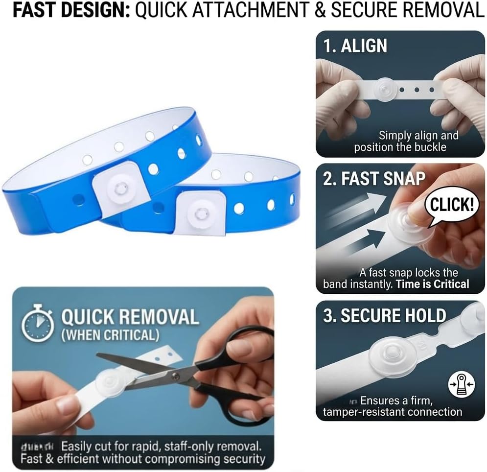 100 Pack Disposable Wristband Snap Buckles, Hospital Wristband Secure Lock Clips, Vinyl Wristband Fasteners for Hospital Patient ID, Events, Concerts, Waterparks & Festival Admission Bracelets