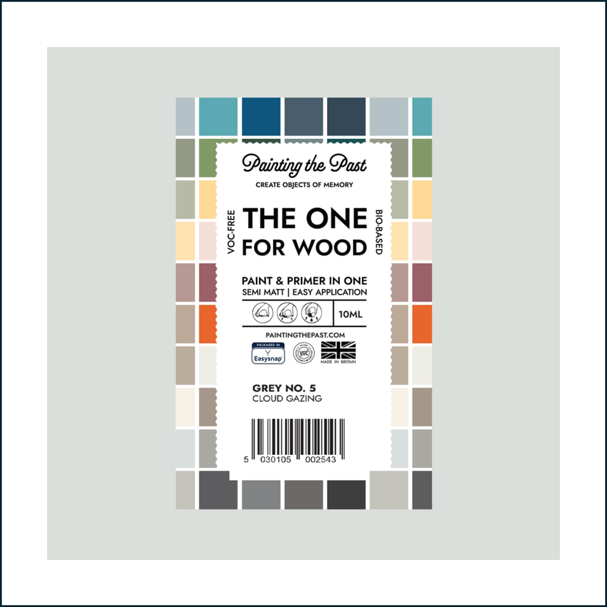 The One for Wood Paint & Primer 10ml (Sample) Grey No. 5 Cloud Gazing | Semi Matt Finish, Bio-Based & VOC-Free Formula for Wooden Furniture & Surfaces | Durable & Easy Indoor Home Decorating