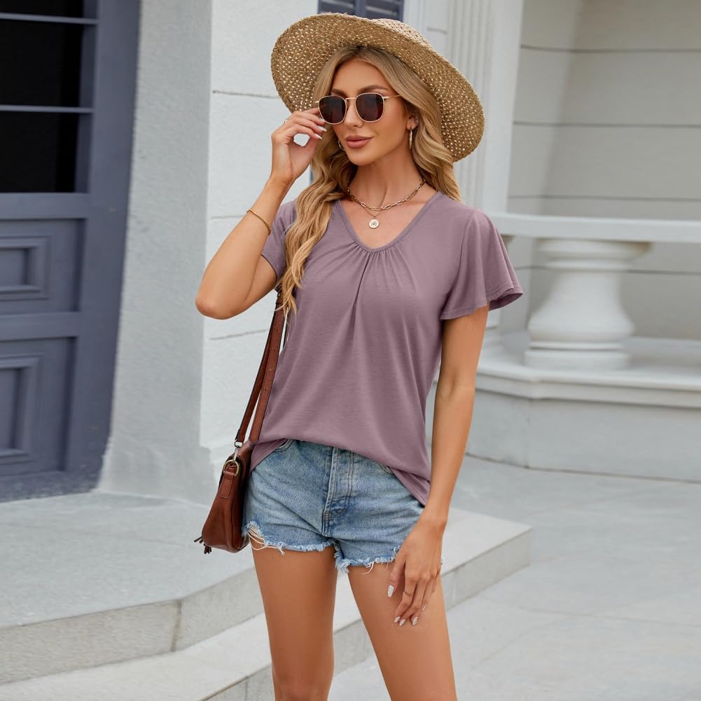 3-częściowy zestaw damski T-shirt z krótkim rękawem z dekoltem w serek modny top trend cienki na co dzień lato liść lotosu rękawy plisowane ubrania, 3 szt. - 1, S