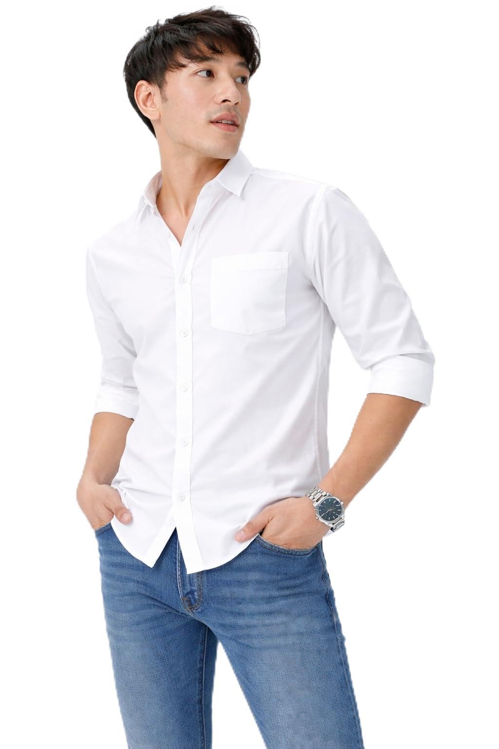 Modern Minimalist Men’s Casual Outfit Featuring a Crisp Button-Down Shirt, Slim-Fit Blue Denim Jeans, Clean White Slip-On Sneakers