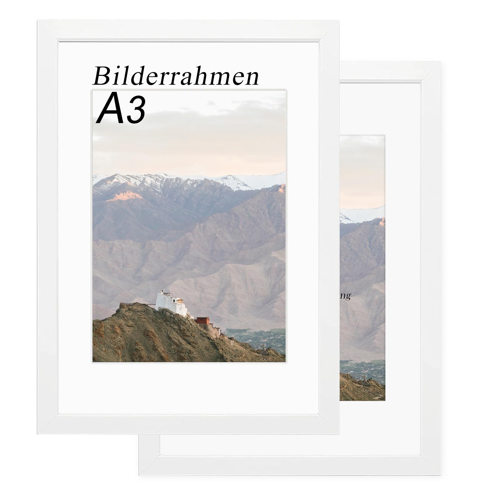 RUN HELIX Bilderrahmen A3 Weiß 2er Set – A3 Bilderrahmen für 29,7x42 cm, mit bruchsicherem Acrylglas und Passepartout - Leichtgewicht für Poster, Bilder, Diplome - Wand Dekoration