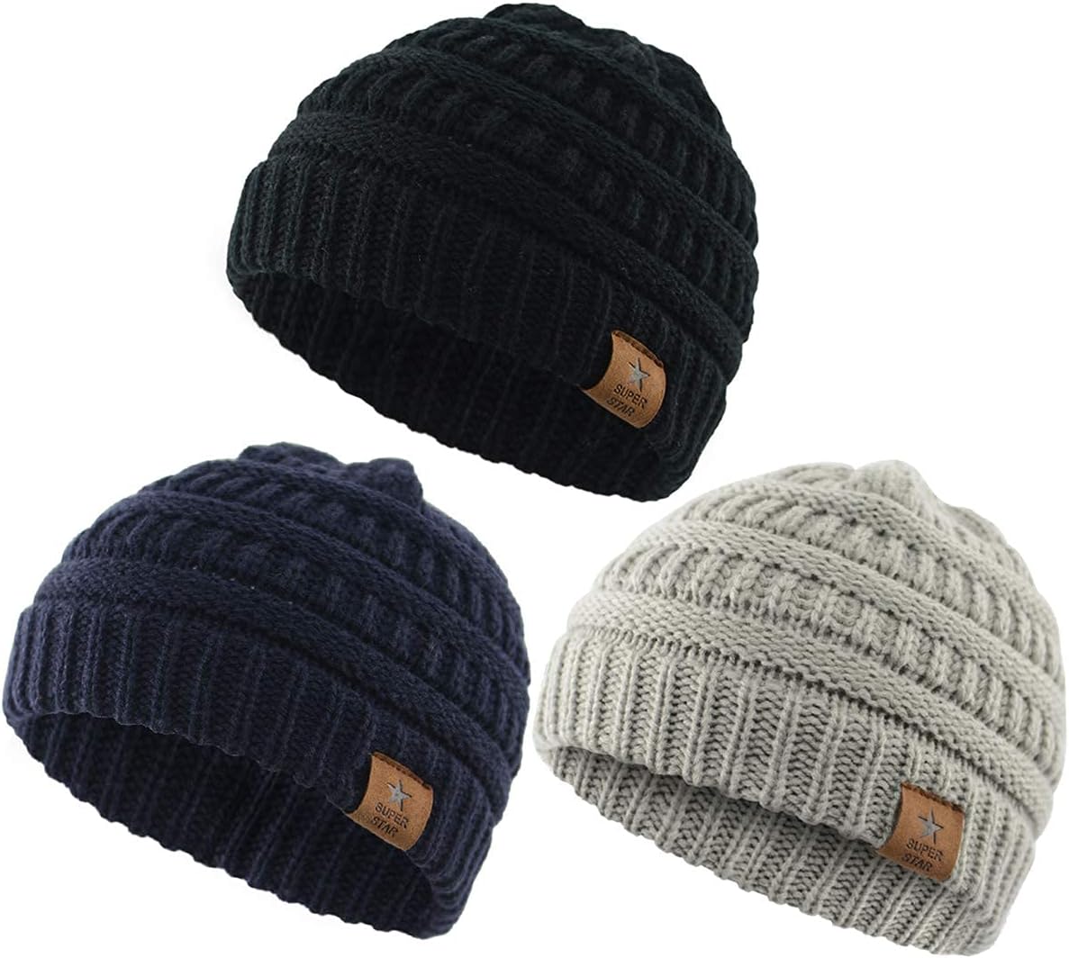 Soft Warm Knitted Baby Hats Caps Cute Cozy Chunky Winter Infant Toddler Baby Beanies for Boys Girls 3 Pack Black & Light Grey & Navy