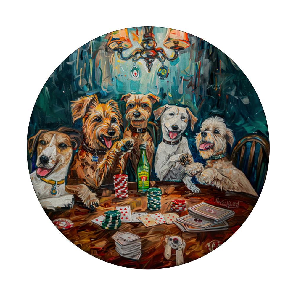 Funny Dog Playing Poker Oil Painting Dog Dad Dog Mom PopSockets Swappable PopGrip, Black - Image 3