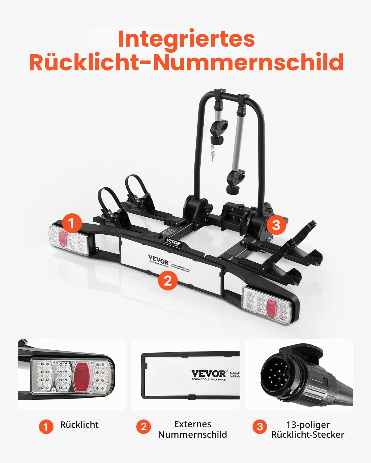 VEVOR Faltbarer Fahrradträger Kupplungs-Fahrradträger passend für 5 cm Aufnahme, Heckträger Radträger für 2 Fahrräder bis 65 kg Tragkraft, abschließbarer Fahrradträger für E-Bikes mit Rücklicht