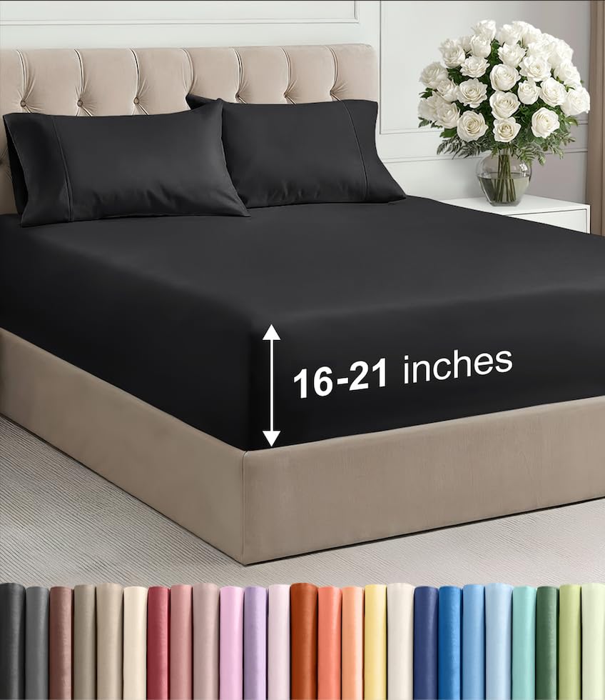 Image of Extra Deep Pocket Full Size Sheet Set - 4 Piece Breathable & Cooling Bed Sheets - Hotel Luxury Bedding with 16 to 21 inch Extra Deep Pockets - Ultra-Soft, Fade & Wrinkle Resistant - Oeko-Tex - Black