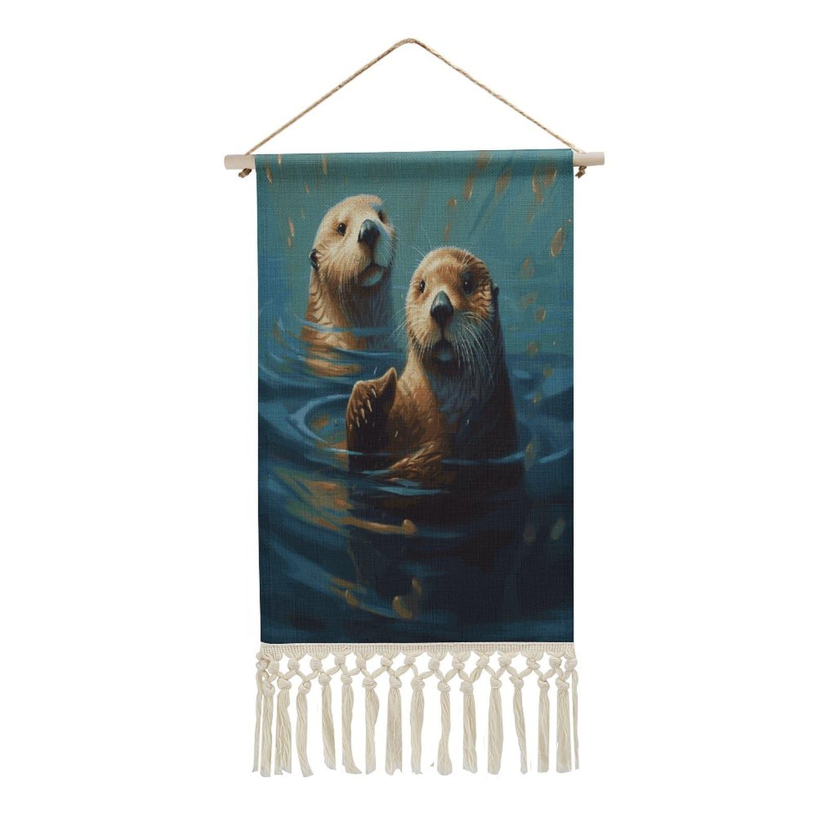 FekiLoot Sea Otters Painting Wall Art Print Decor Art Tapestry with Tassel Cotton Linen Hanging Poster Vintage Aesthetic Wall Art Poster Rustic Wall Art Decor for Home Bedroom Living Room Office