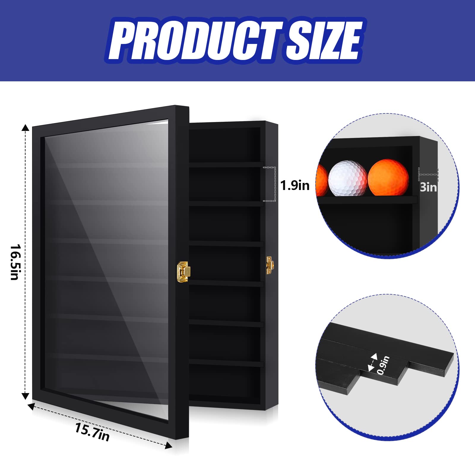 Sintuff 49 Golf Ball Display Case Solid Wood Golf Ball Holder Rack Gift Black Display Rack Cabinet Wall Mount Shadow Box for Enthusiast Collectibles with Lockable Acrylic Door