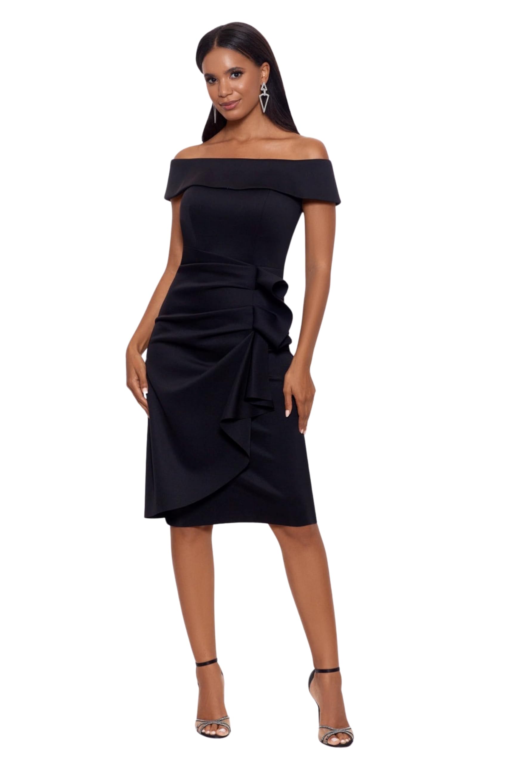 Womens Knee Length Off-The-Shoulder Scuba Side Ruched Dress