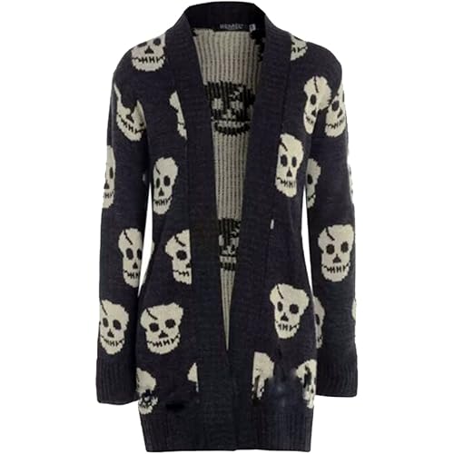 Thever Women Ladies Halloween Skull Skeleton Print Open Front Knitted Cardigan