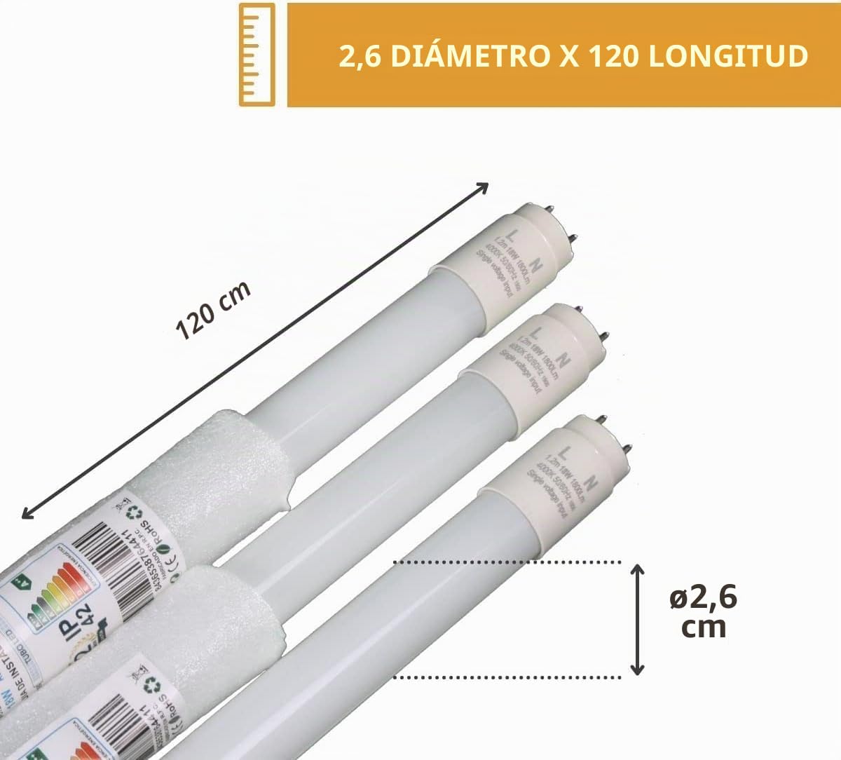 Jandei - Pack 10 Tubo LED 120cm 18W, Blanco Frío 6000K, 2520 Lúmenes, Standard T8 Conector G13, Reemplaza Neón Fluorescente 36W, Cebador LED Incluido, Conexión 1 Lado