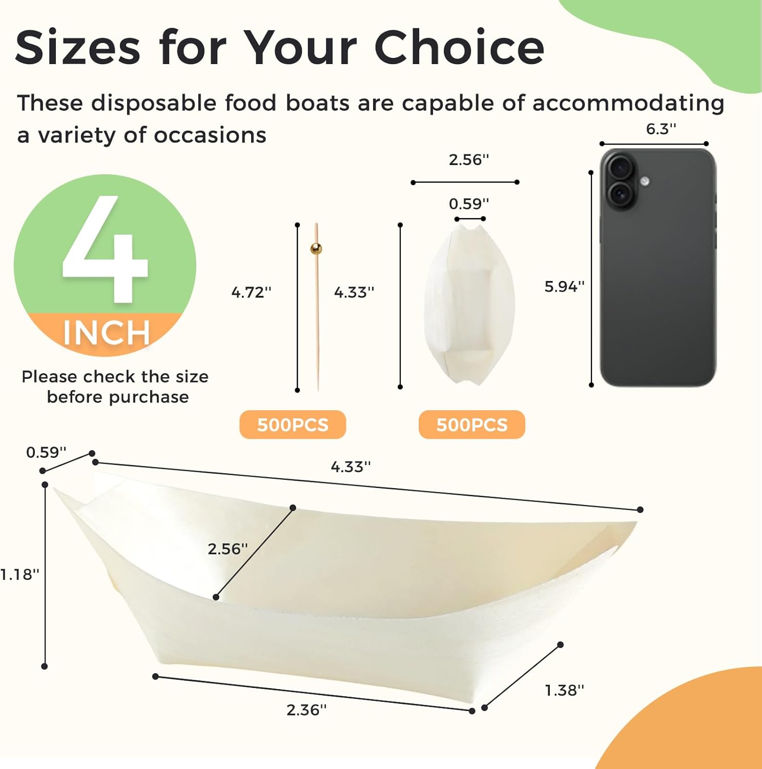 500 PCS Disposable Boat Food Trays with Cocktail Picks, 4 Inch Wooden Disposable Plates, Wood Boat Plates Dishes, Small Appetizer Food Boat, Sushi Serving Tray for Food Catering Party Picnic