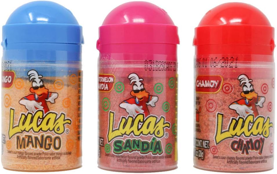 Pulparindo Lucas Baby 3 Variety. 12 Total. Mango, Sandia, Chamoy. Plastic, Vibrant
