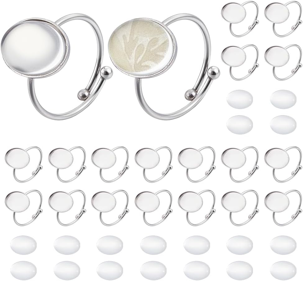 CRAFTYMELODY 20 Sets Oval Blank Rings Stainless Steel Adjustable Ring Components Blank Base Cabochon Rings Setting Making Kit with 20Pcs Oval Glass Cabochon for Jewelry Making