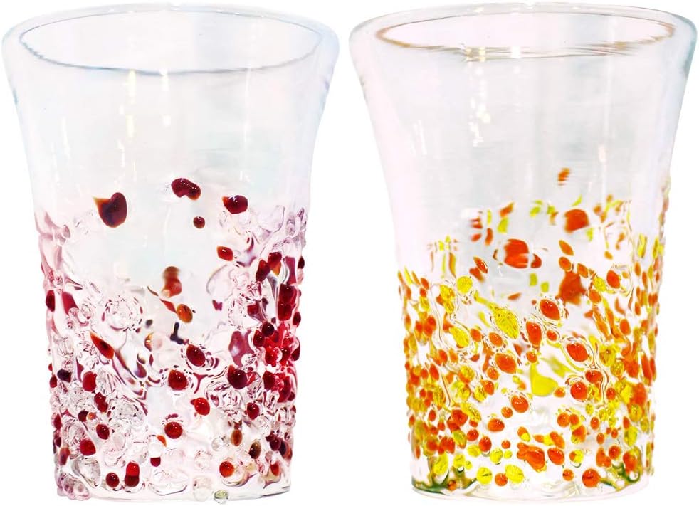 Tida Kobo Beer Glasses (Red/Clear, Yellow/Orange), φ2.8 inches (7 cm), Crushed, Pack of 2