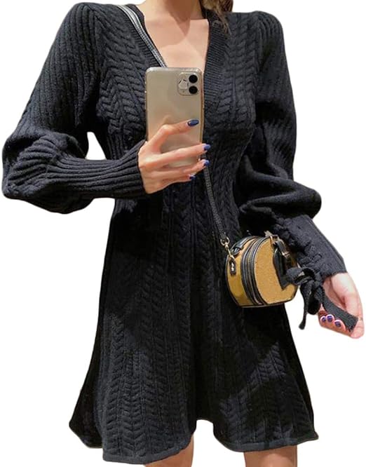 Amazon Co Jp Yyq Shop ニット ワンピース レディース セーター Vネック 長袖 タイトワンピース ミニ丈 フレアワンピース スリム 着痩せ Aライン フェミニン 美脚 チュニック 秋 冬 Freesize黒 服 ファッション小物