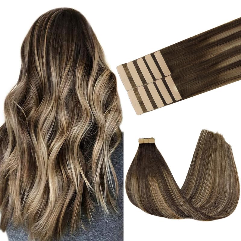 GOO GOO Tape in Hair Extensions Human Hair, 4/26/4 Balayage Chocolate Brown to Honey Blonde, 22inch 30g 10pcs, Skin Weft Seamless Invisible, Silky Straight with Thick Ends, Remy Human Hair