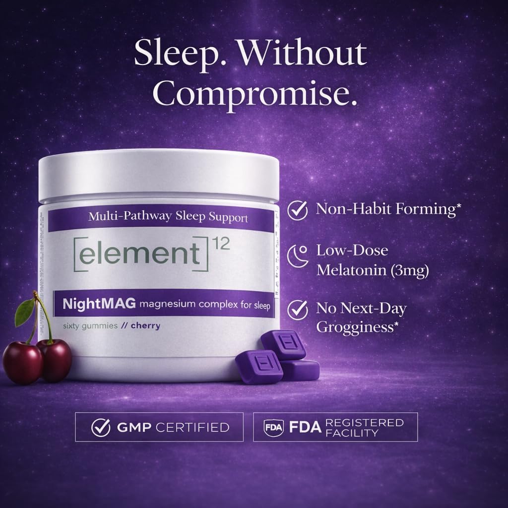 NightMAG Magnesium Glycinate Gummies for Sleep and Recovery; Sugar-Free, Vegan-Friendly and Naturally Flavored; Sleep Gummies for Adults; Magnesium Complex 400mg; 60 Count; 1-Pack (Cherry)