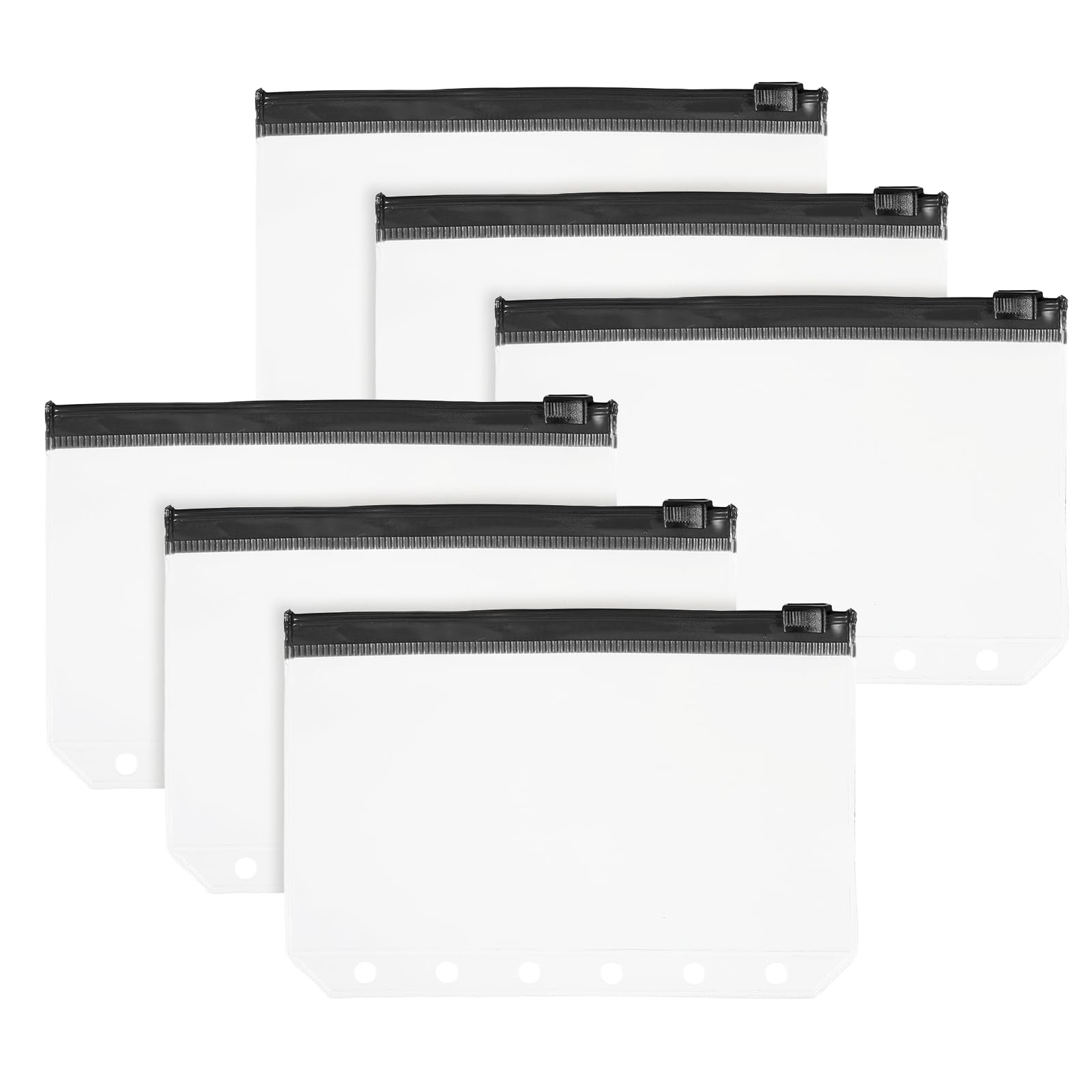 PATIKIL A7 Binder Pocket, 6 Pack 6 Holes Zipper Binder Pouch Budget Stuffing Envelopes Clear Storage Pocket Waterproof for Budget Planning Loose Leaf Bags, Black Zip/Clear Pouch