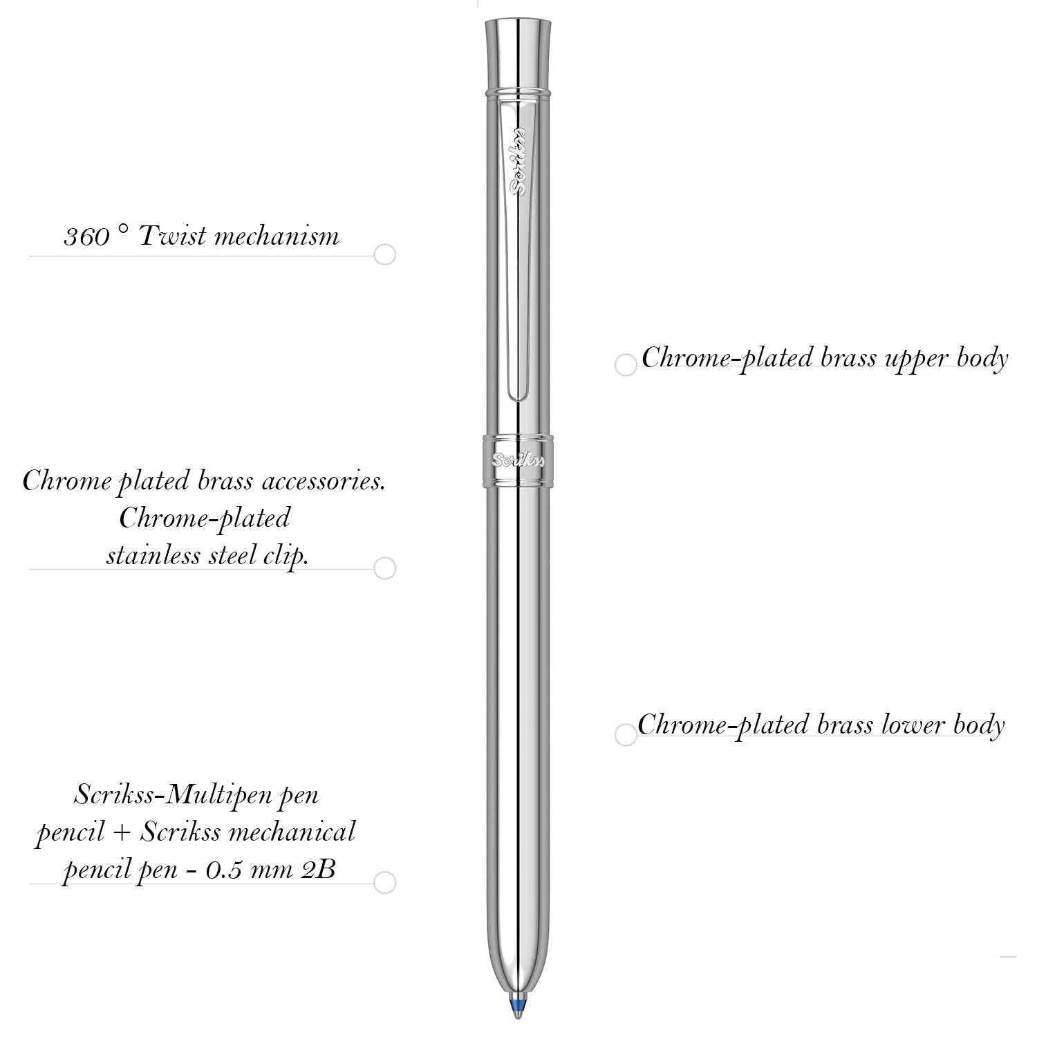 Scrikss Trio 93 Chrome Multi Pen | Penna 3 in 1 | Penna a sfera e matita mina 0,5 mm | finiture cromate | Meccanismo girevole a 360 gradi