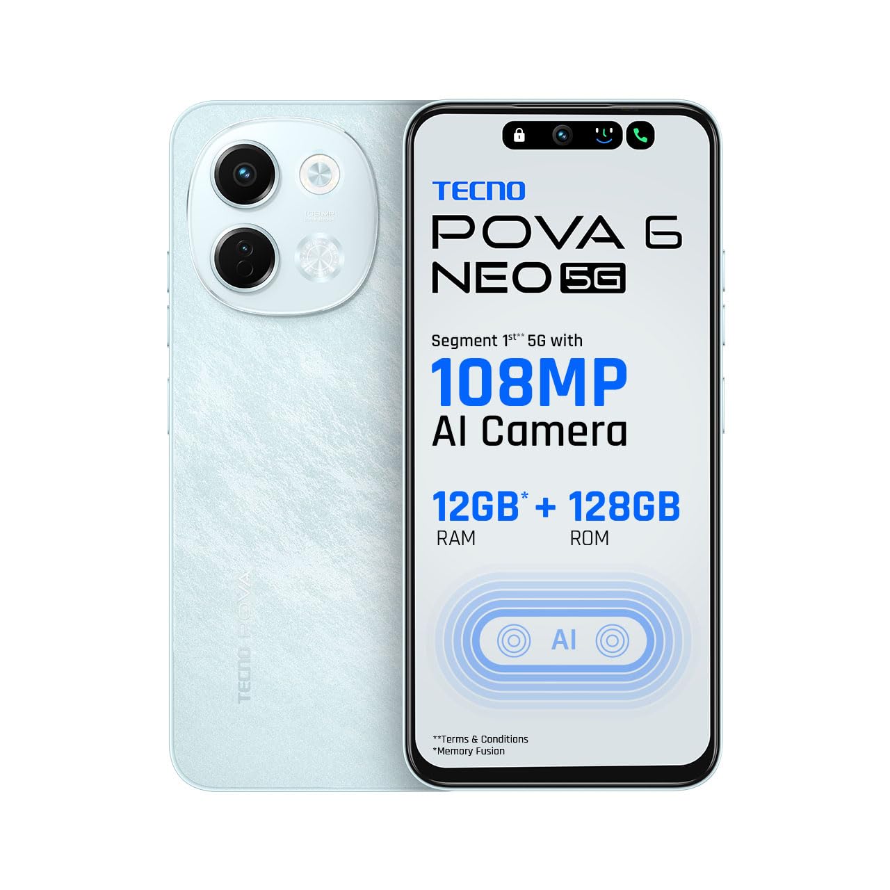 Tecno POVA 6 NEO 5G (Azure Sky, 6GB+128GB) | Advanced AI Features | 108MP Ultra Clear AI Camera | D6300 Powerful Processor | 5 Year Lag Free Fluency | 5000 mAh Battery | in Built Infrared and NFC