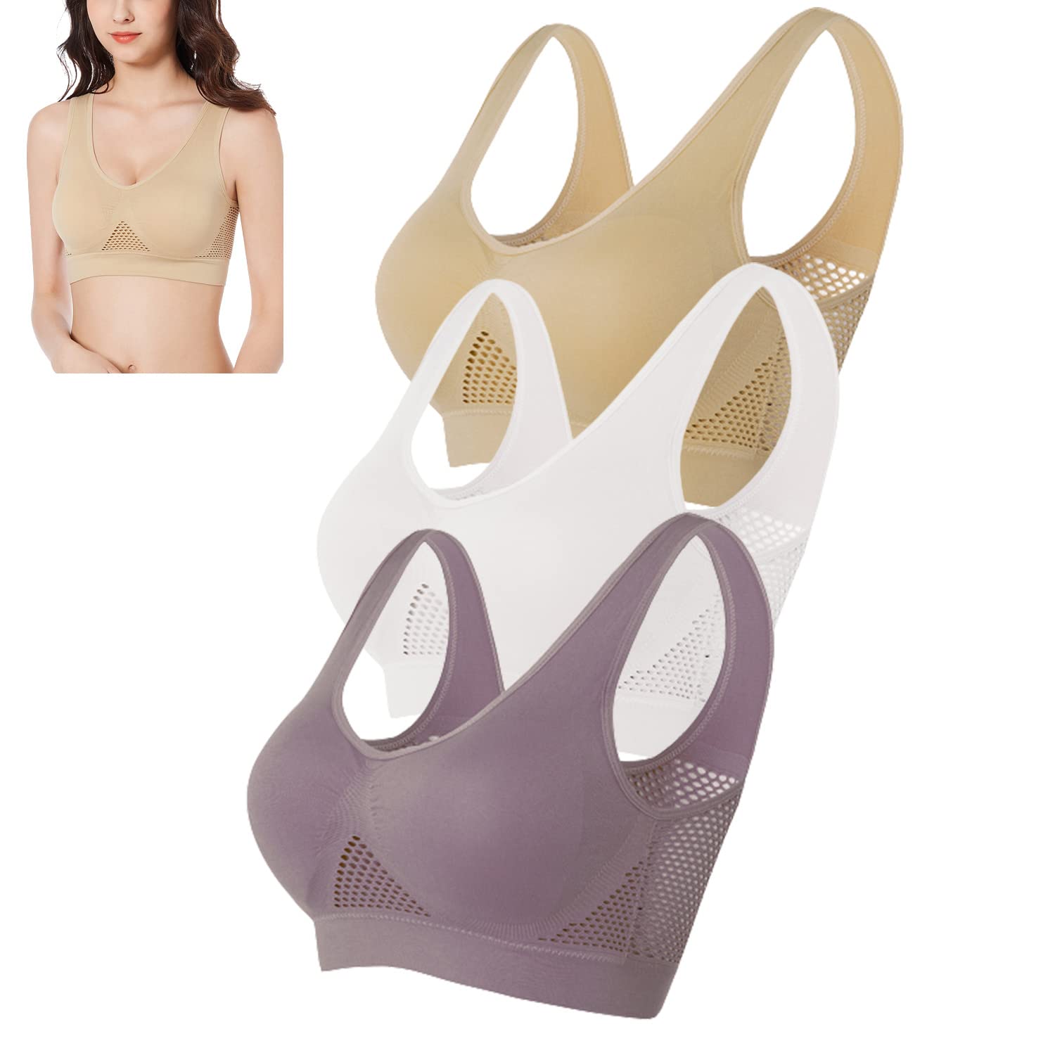 3 reggiseni ad aria traspiranti e freschi, reggiseno a compressione senza ferretto ad alto sostegno, senza cuciture, senza fili, comfort traspirante