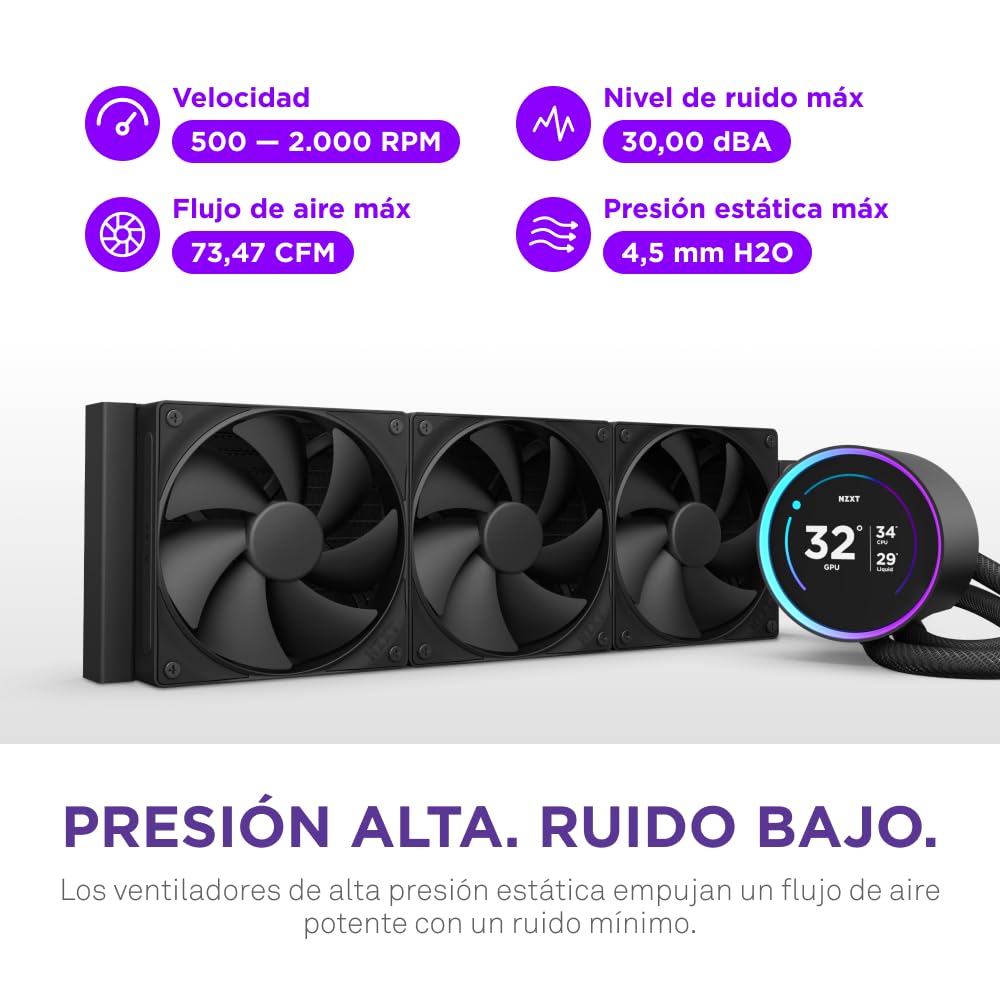 NZXT Kraken Elite 360 - Refrigeración líquida CPU AIO 360mm - Radiador - 3 ventiladores F120P - Bomba con pantalla IPS LCD 2,72" personalizable - Intel LGA 1700/1200/115X/1851, AMD AM5/AM4 - Negro — view 7