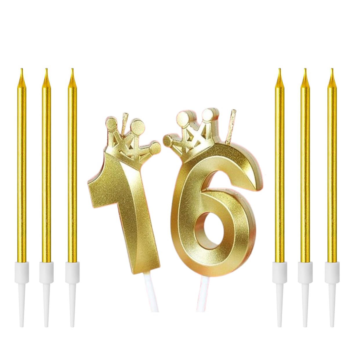 Zwenjuan Gold Number 16 Candle,Glitter Birthday Cake Candles Shining Numeral Candles Cake Topper Decoration And 6 Pieces Cake Candles With Holders For Birthday Party Wedding Cake Decorations(Gold)
