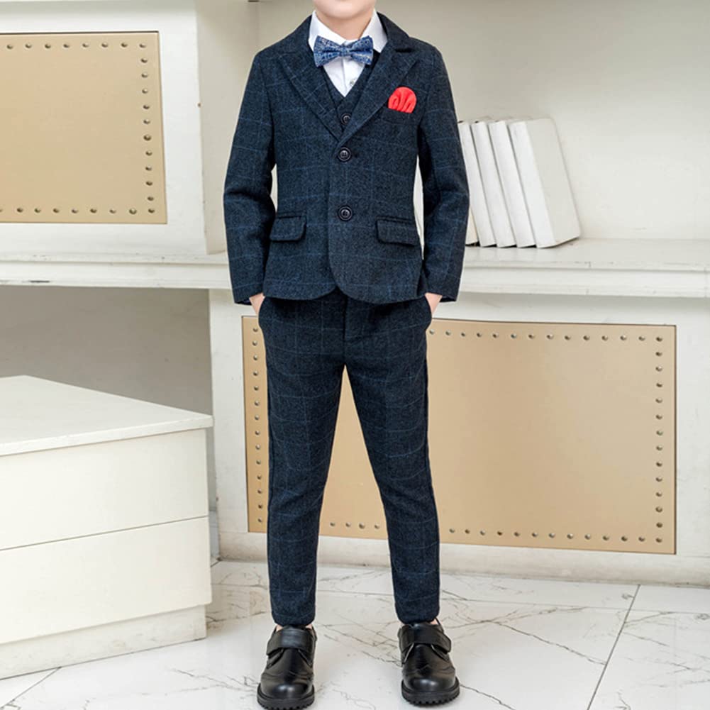 Conjunto de Traje a Cuadros Niños Traje de Fiesta de Bodas,6 Piezas Trajes Blazer+Camisa+Chaleco+Pantalones+Pajarita+Pañuelo de Bolsillo,Chicos Traje Formal para Ceremonio Bautizo Graduación Esmoquin