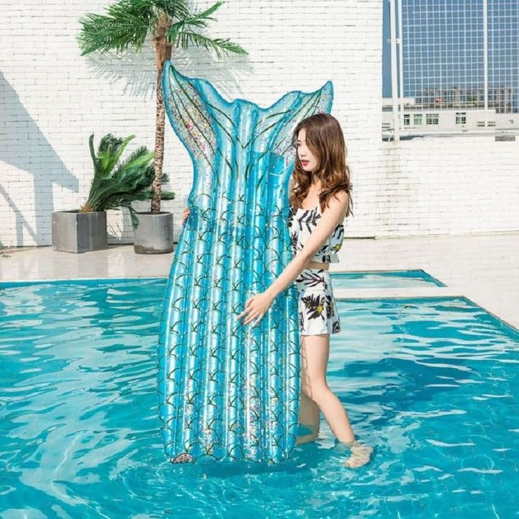 ELBME® Sequins Fish Tail Shape Floating Row Water Inflatable Floating Bed | Sequins Fish (Blue)-image-2