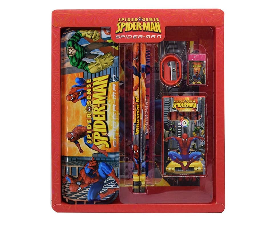 Image of Spidarman Stationary Kit with 1 Pencil Box Case 2 Pencils 6 Crayon Colors 2 Space Gel Pen 1 Ruler Scale Eraser Sharpener Kit for Kids (Character As Per Available)