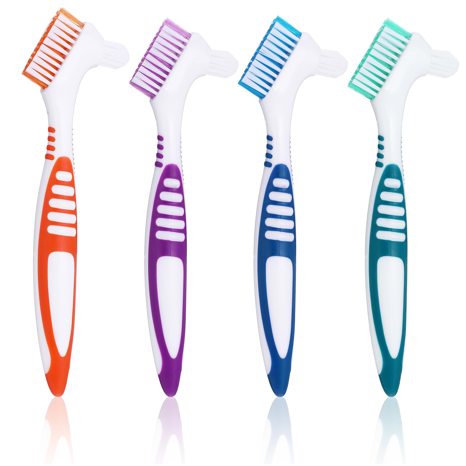 JIYIN 4PCS Denture Brush Hard Bristles, Denture Cleaner Brush for Dental Devices Denture Care, Dual Head Denture Toothbrush with Non-Slip Rubber Handle Top Denture Cleanser Tool