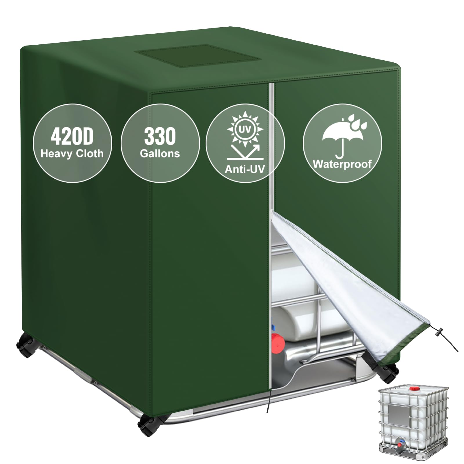 IBC Tote Cover with Zipper - Heavy-Duty 420D Oxford Fabric Waterproof 275/330 Gallon Tank Covers - Replacement Cover for Standard IBC Containers(Green