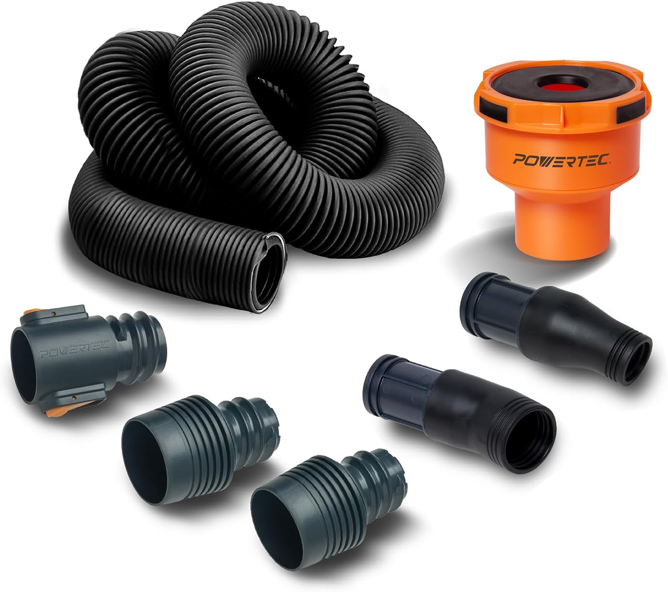 POWERTEC 70513 10 Ft. Vacuum Hose Dust Collection Kit w/ 2 Quick Change Fittings, Tapered Reducers and Quick Connect Dust Port Adapter for Woodworking, Wet/Dry Work Shop Vacuums, Miter Saw, Table Saw