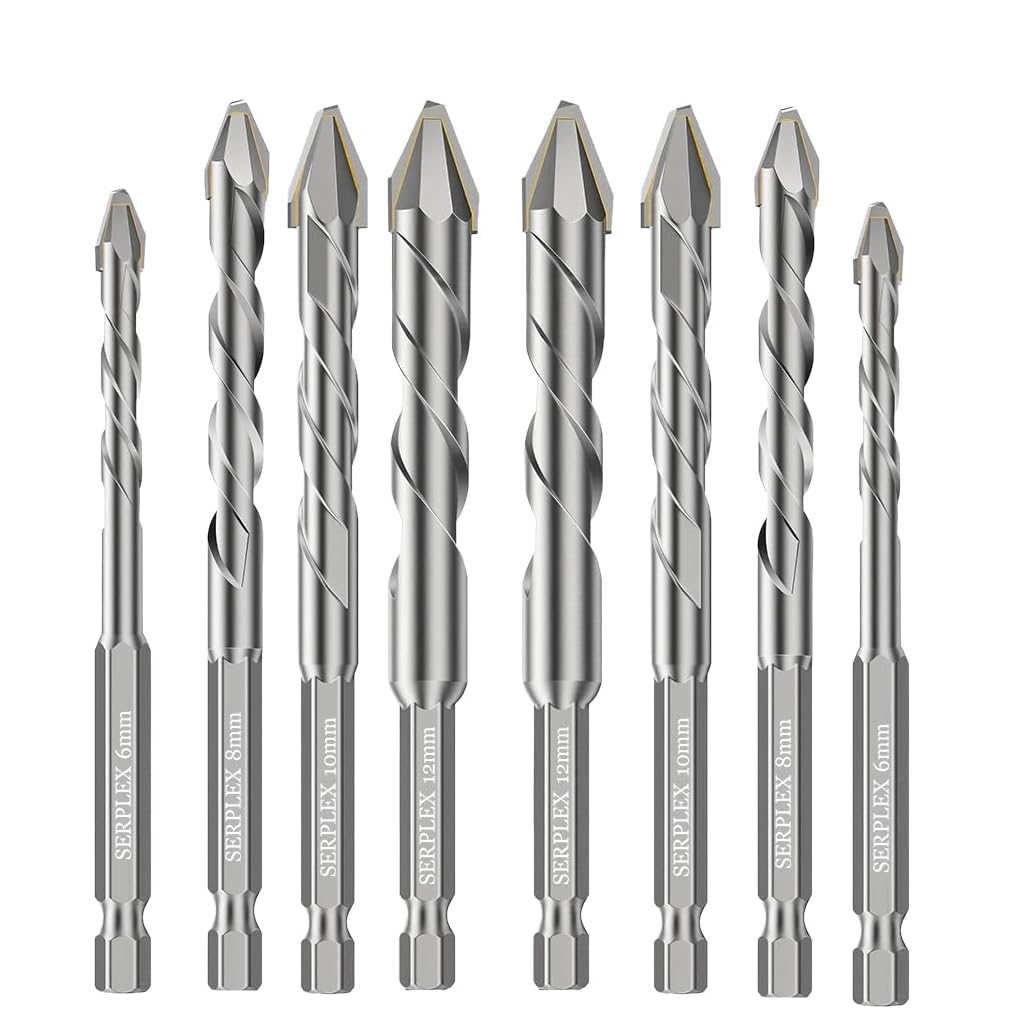 Serplex® 8Pcs Cemented Carbide Drill Bits Set for Concrete Brick Stone Ceramic Tile Glass, 6mm 8mm 10mm 12mm Masonry Drill Bit Kit with High Hardness Skewed Head 1/4 Inch Hex Eccentric Twist Design-image-48