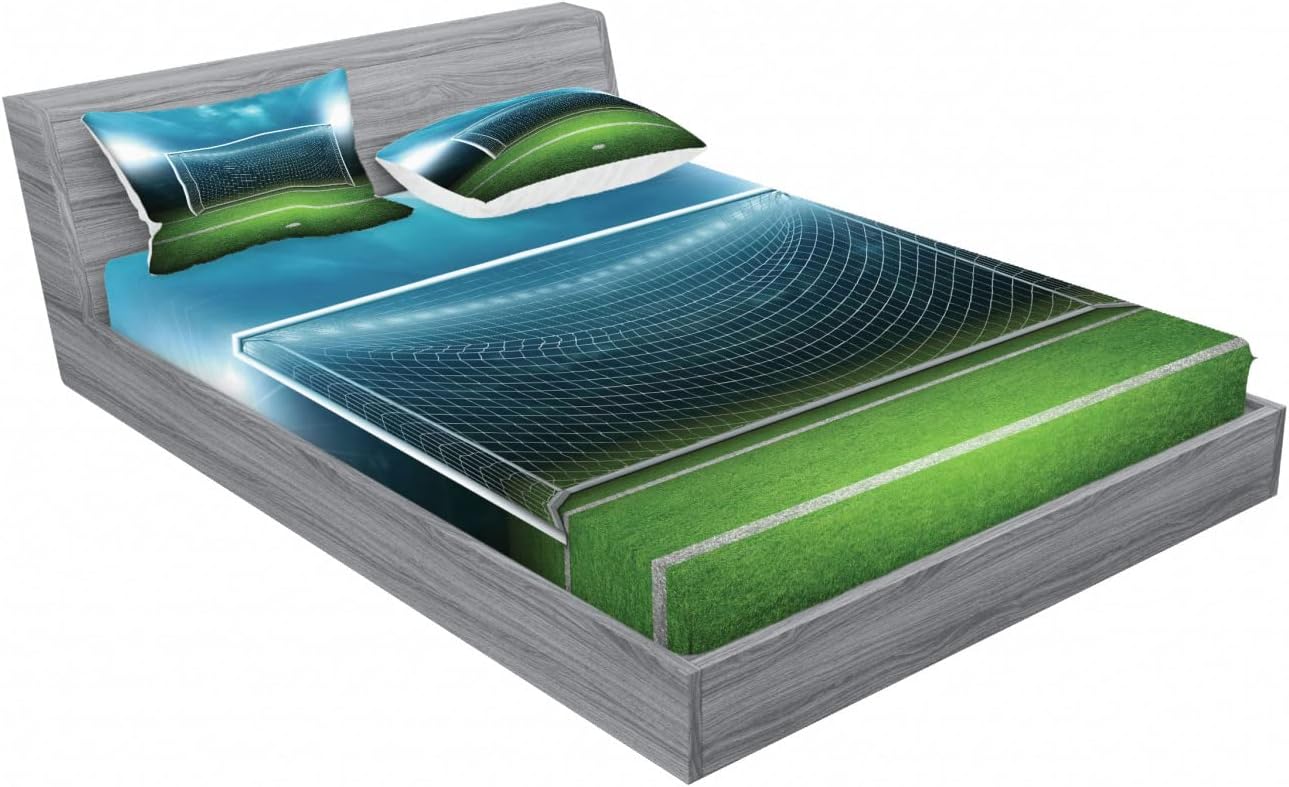 Ambesonne Soccer Fitted Sheet & Pillow Sham Set, Soccer Goal Post Sports Area Winner Loser Line Floodlit Best Team Finals Game Theme, Decorative Printed 6 Piece Bedding Decor Set, Queen, Aqua Green
